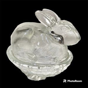 Vintage Clear Glass Bunny Rabbit Trinket Box Candy Dish Easter Basket Gift Ring